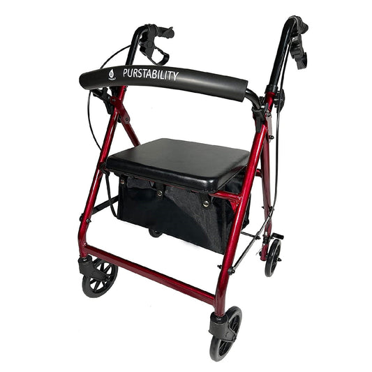 Purstability Rollator Walker by Pursonic, red frame, black seat, and storage bag