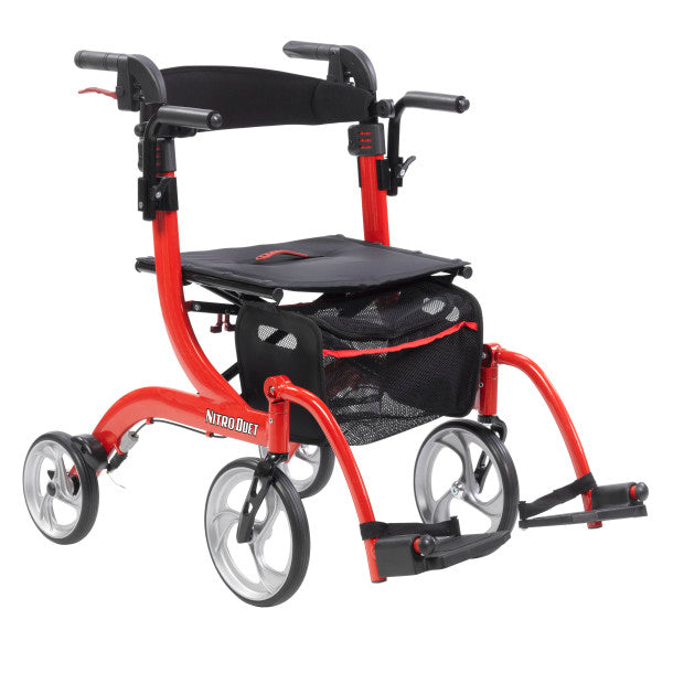 Black seat and back transport chair with red frame, armrests, and four caster wheels