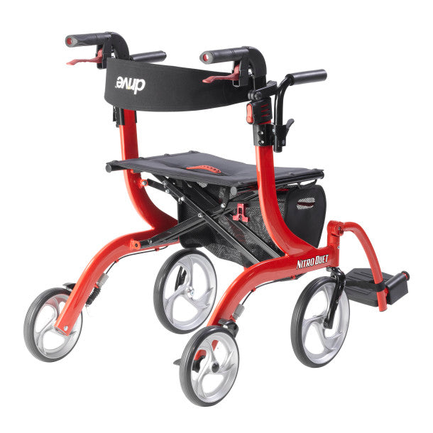 Side view of red rollator transport chair with black seat, mesh panel, and front wheels