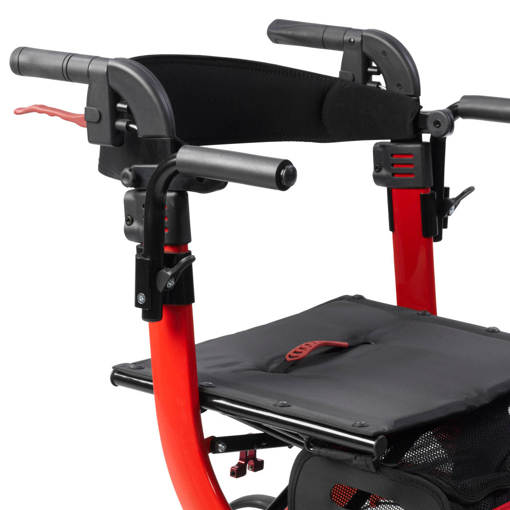 Black padded seat and armrests with red frame post and footrest on a rollator chair