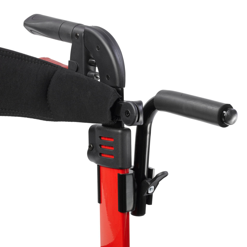 Close-up of black armrest hardware and red support post on a transport chair