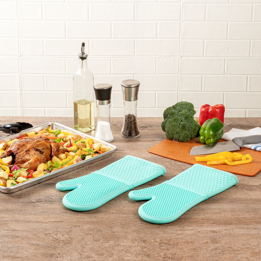 Comfy Grip Turquoise Silicone 2-Piece Oven Mitt Set - Heat-Resistant - 14" x 7 1/4" x 1 1/2" - 1 count box