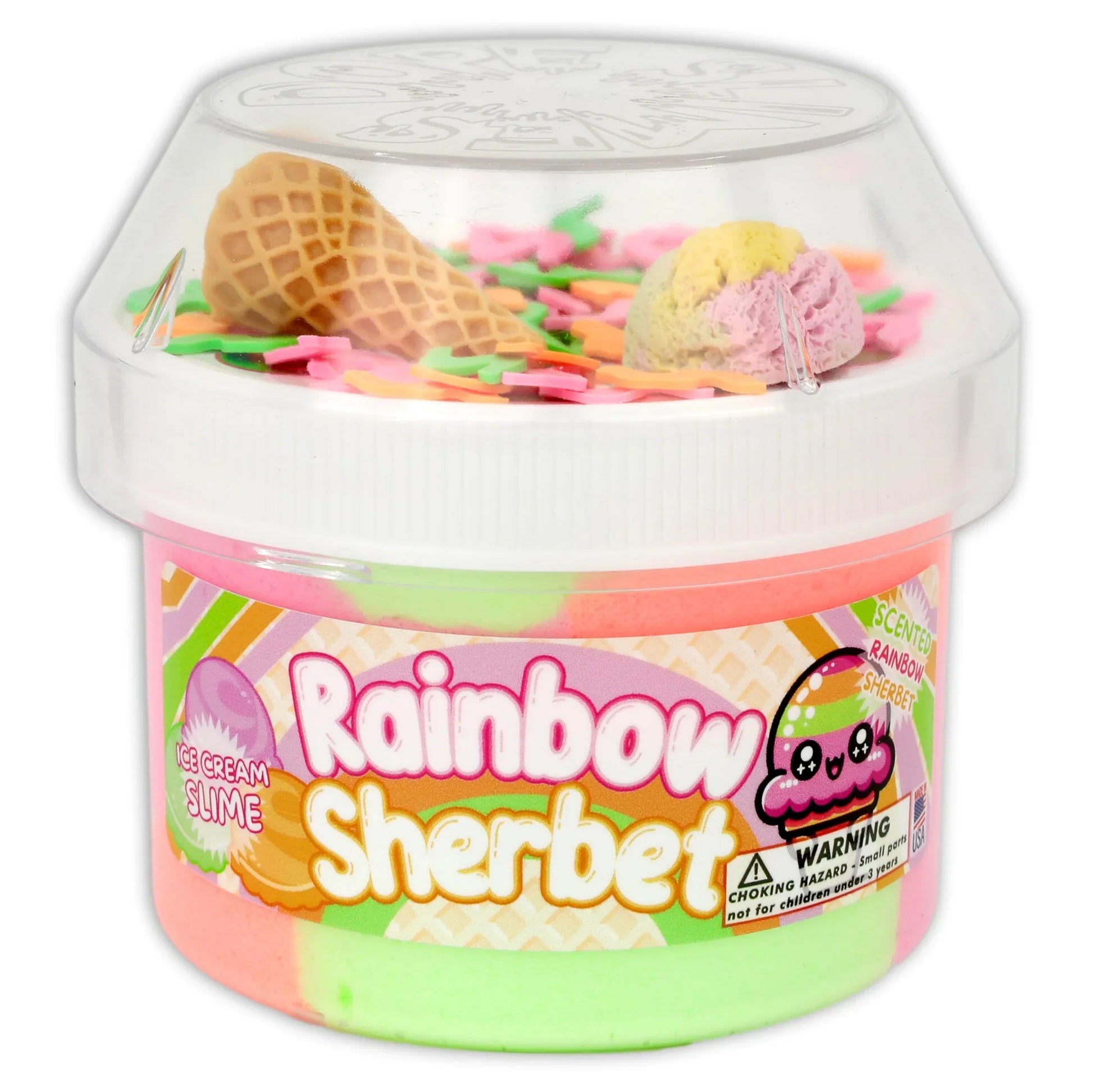 Rainbow Sherbert slime tub with clear lid, waffle cone and colorful sprinkles on top