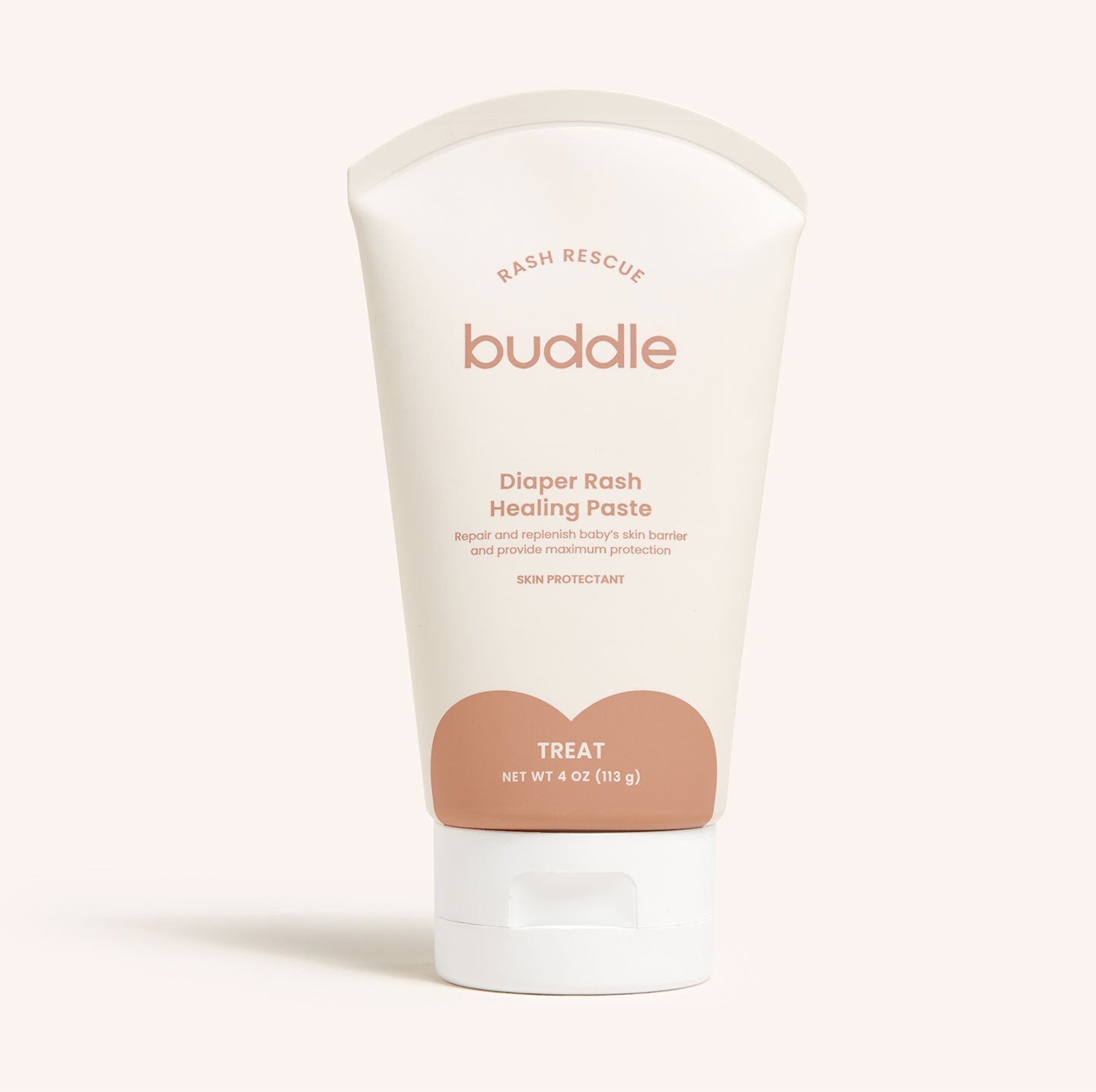 Diaper rash healing paste tube in white with buddle logo and Treat label
