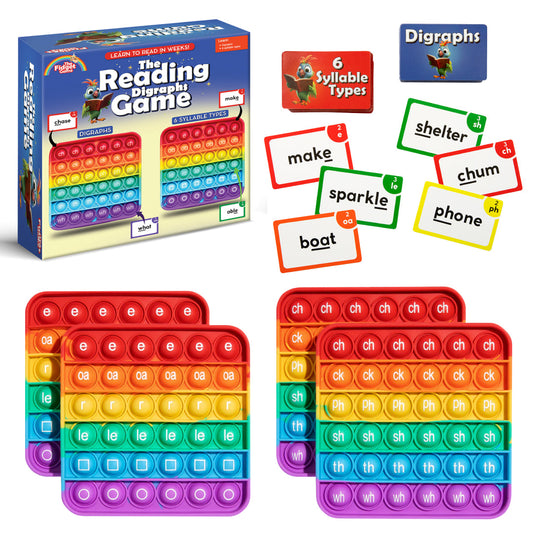 Reading Digraphs Game set with colorful 6-syllable fidget mat and word card tiles