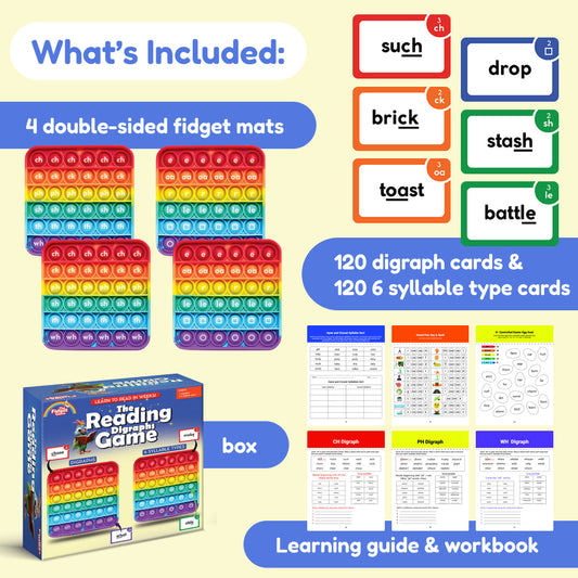 Reading Digraphs Game box contents with double-sided fidget mats, cards, and learning guide