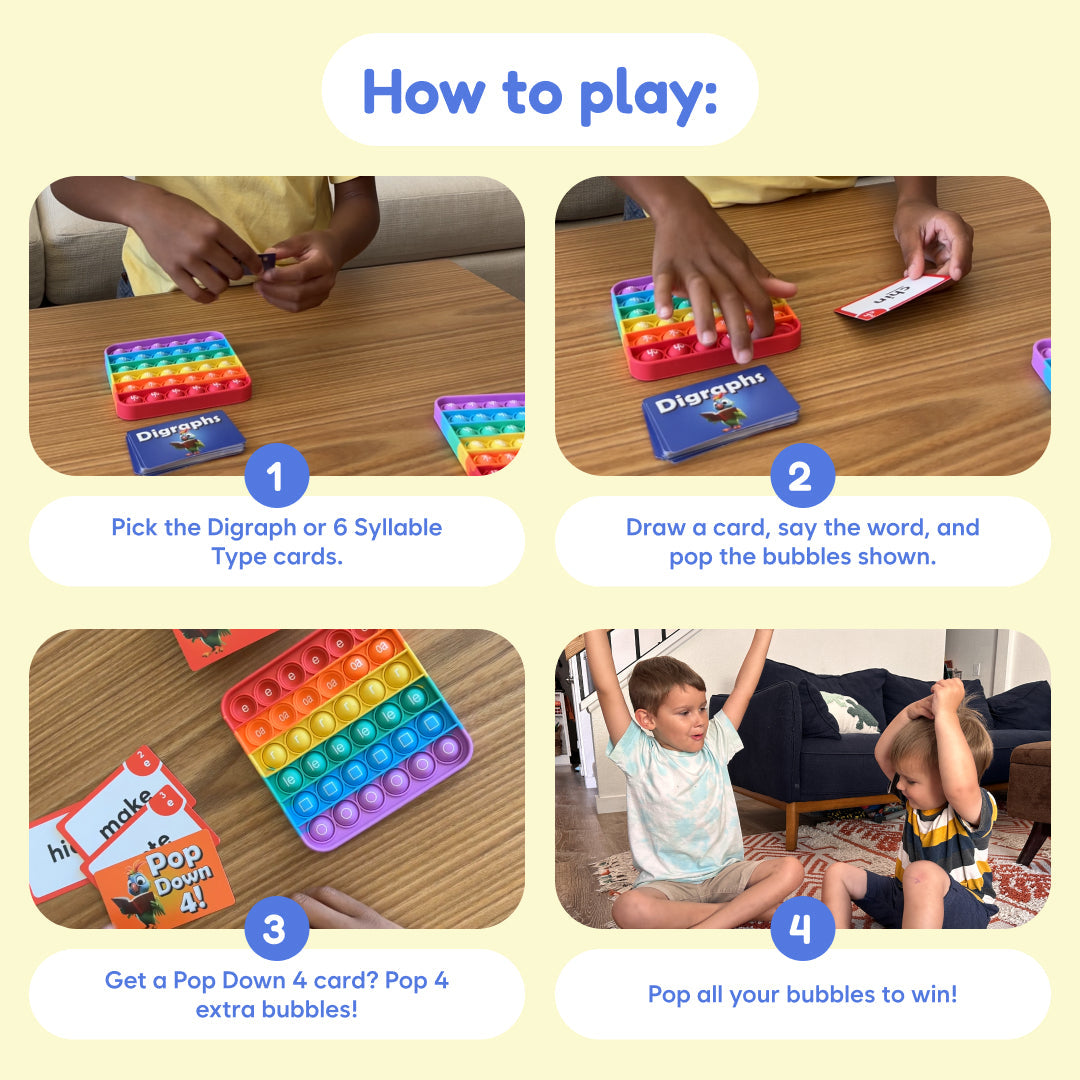Reading Digraphs Game learning steps with hands popping bubbles on the mat