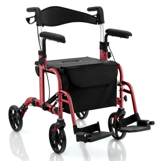 Red folding rollator walker with seat, armrests, and large wheels