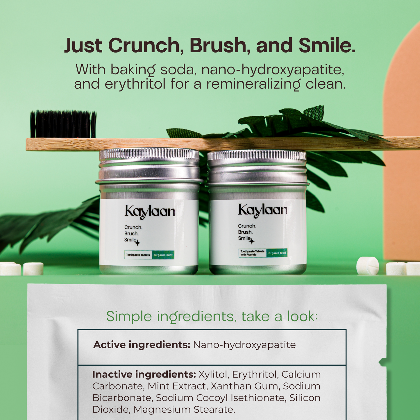 Kaylaan organic mint toothpaste tablet jars with tablet pieces