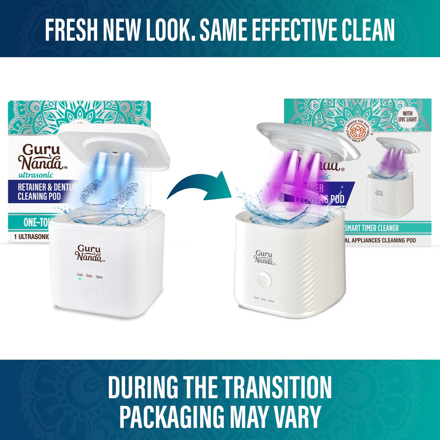 Ultrasonic retainer and denture cleaning pod, white unit with glowing purple cleaning light.