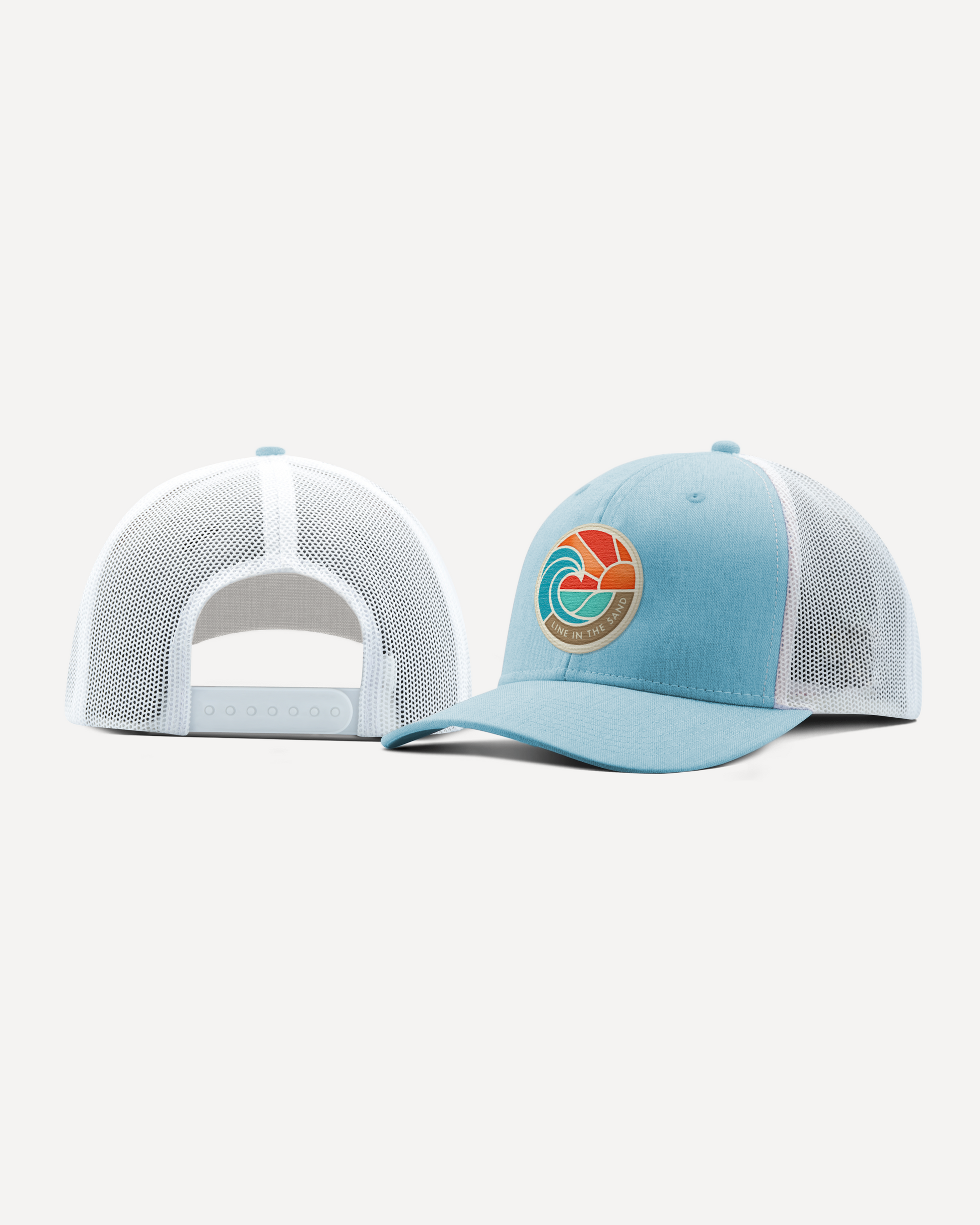 Light blue retro patch baseball cap with white mesh back panel, front emblem