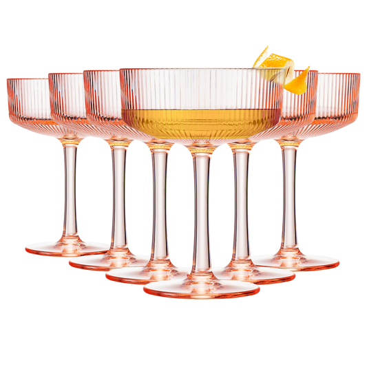 Champagne coupe cocktail glasses, set of 6, amber-rimmed ribbed acrylic