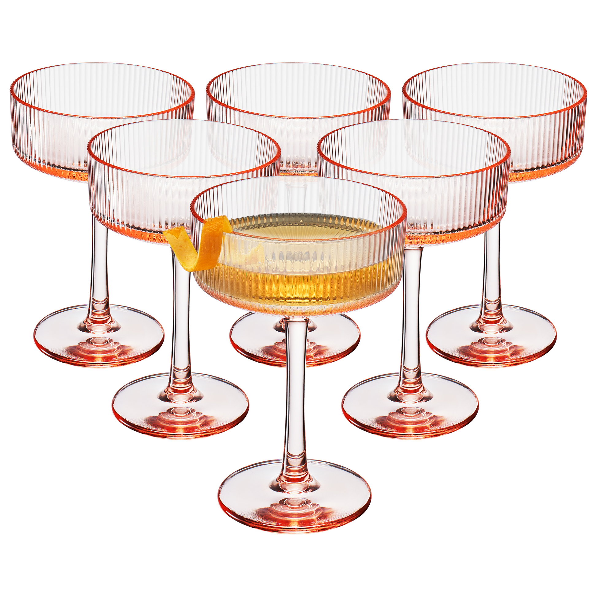 Set of 6 champagne coupe cocktail glasses with ribbed sides and amber-toned bowls