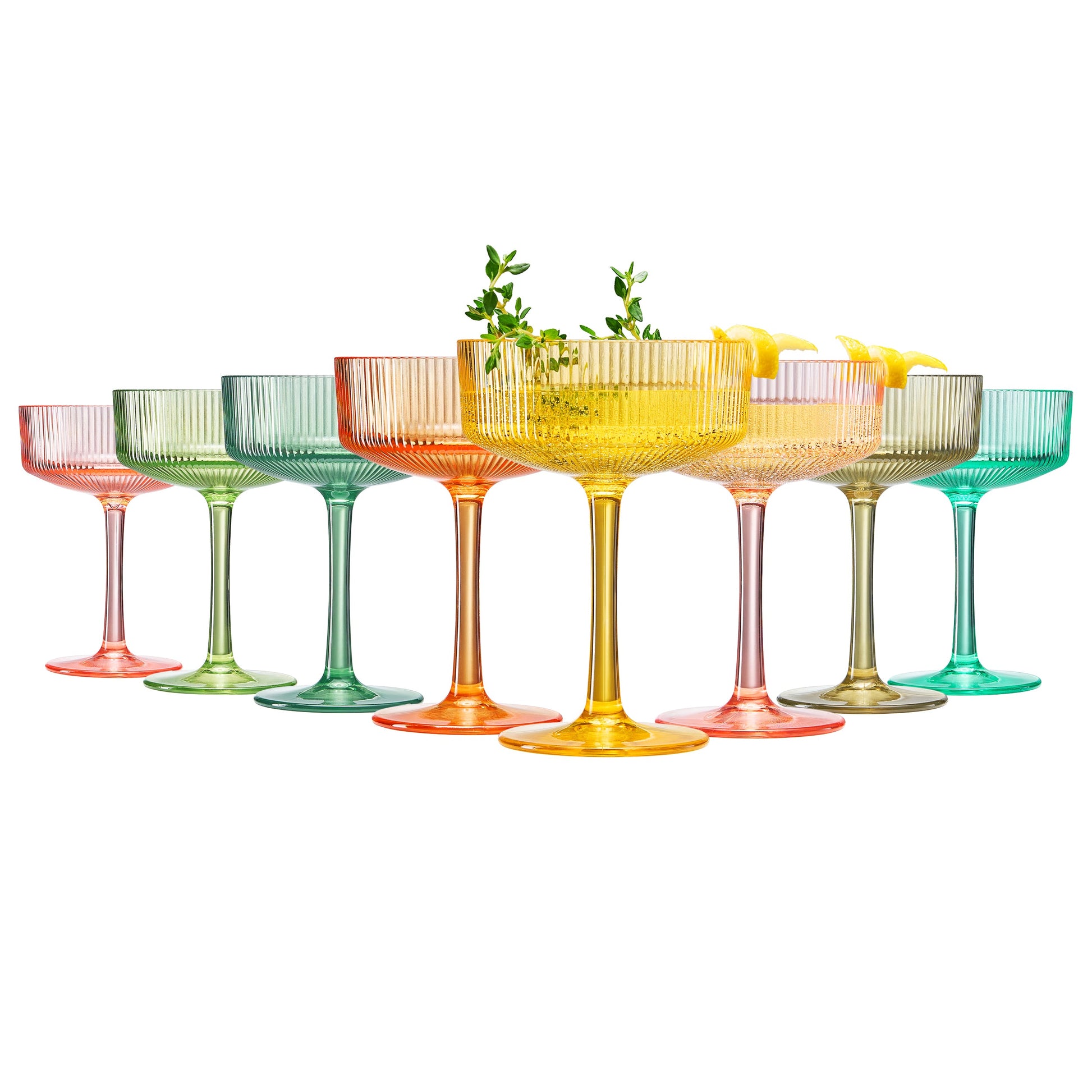 Set of 8 fluted acrylic champagne coupe glasses in assorted colors