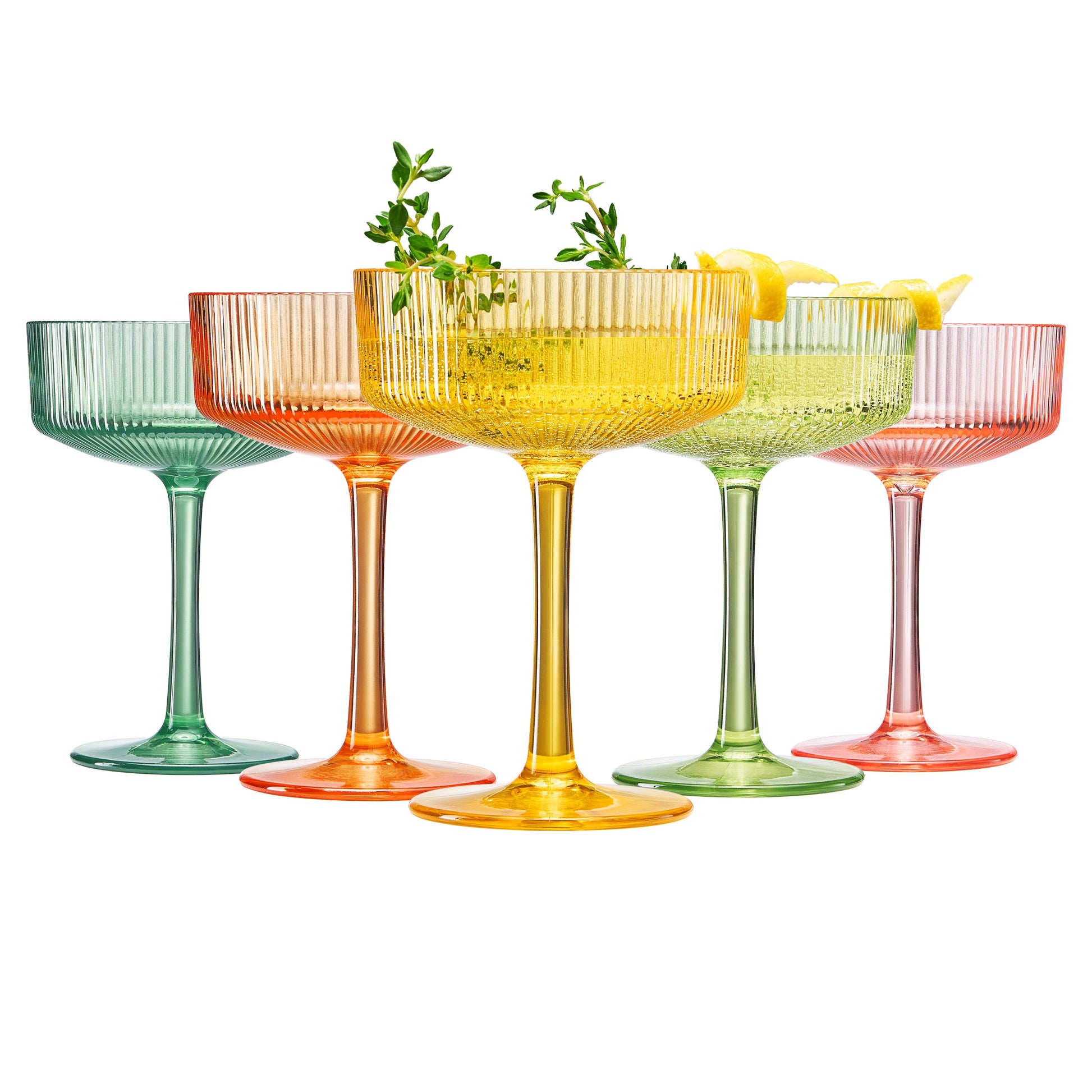 Set of 6 acrylic champagne coupe cocktail glasses, multicolor tinted stems and bowls