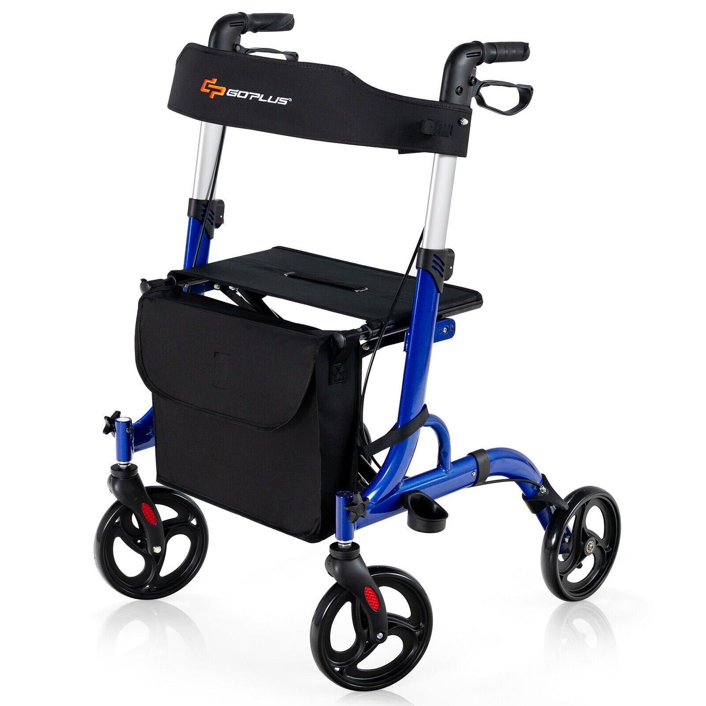 Blue rollator with black seat and bag on a white background
