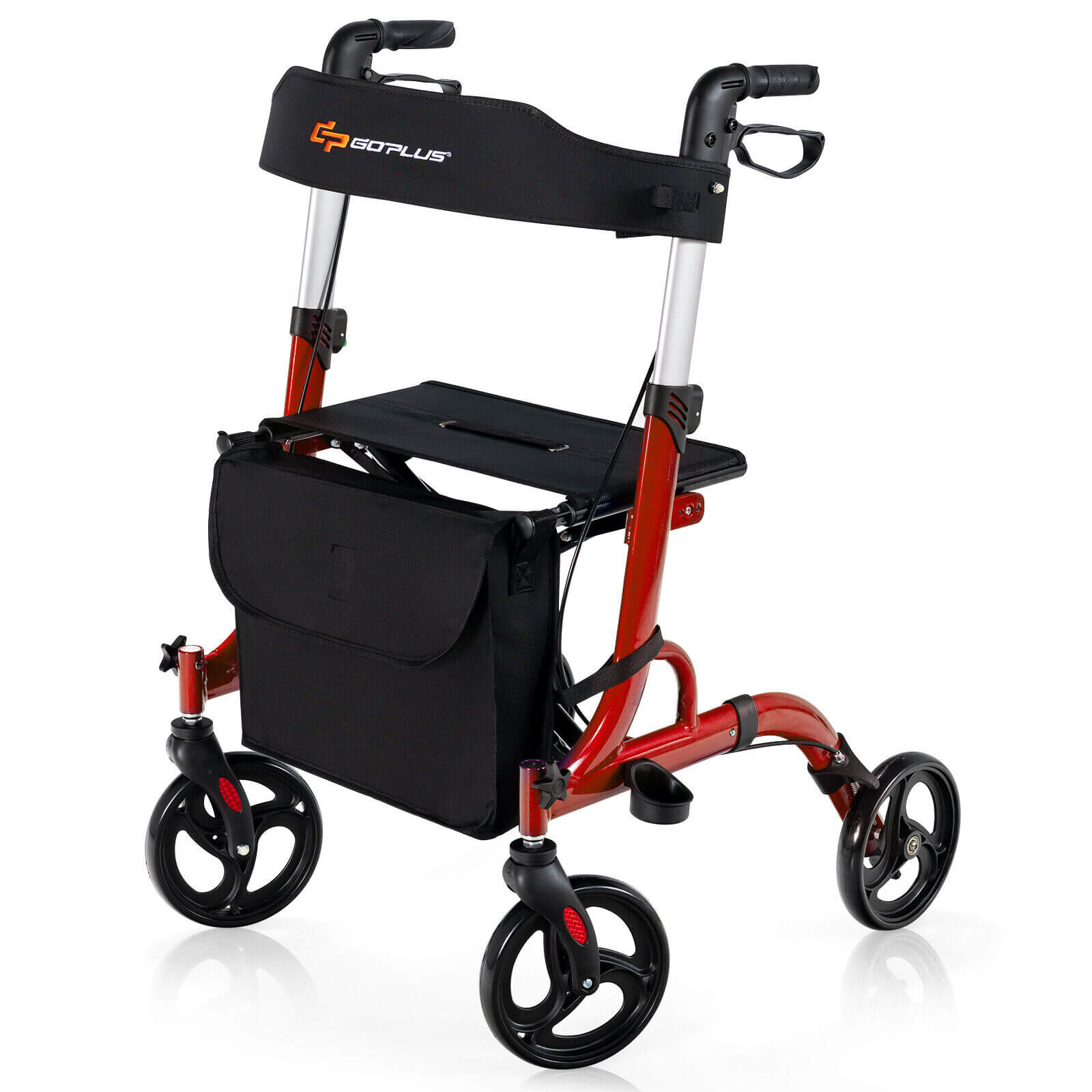 Red and black rollator walker on a white background
