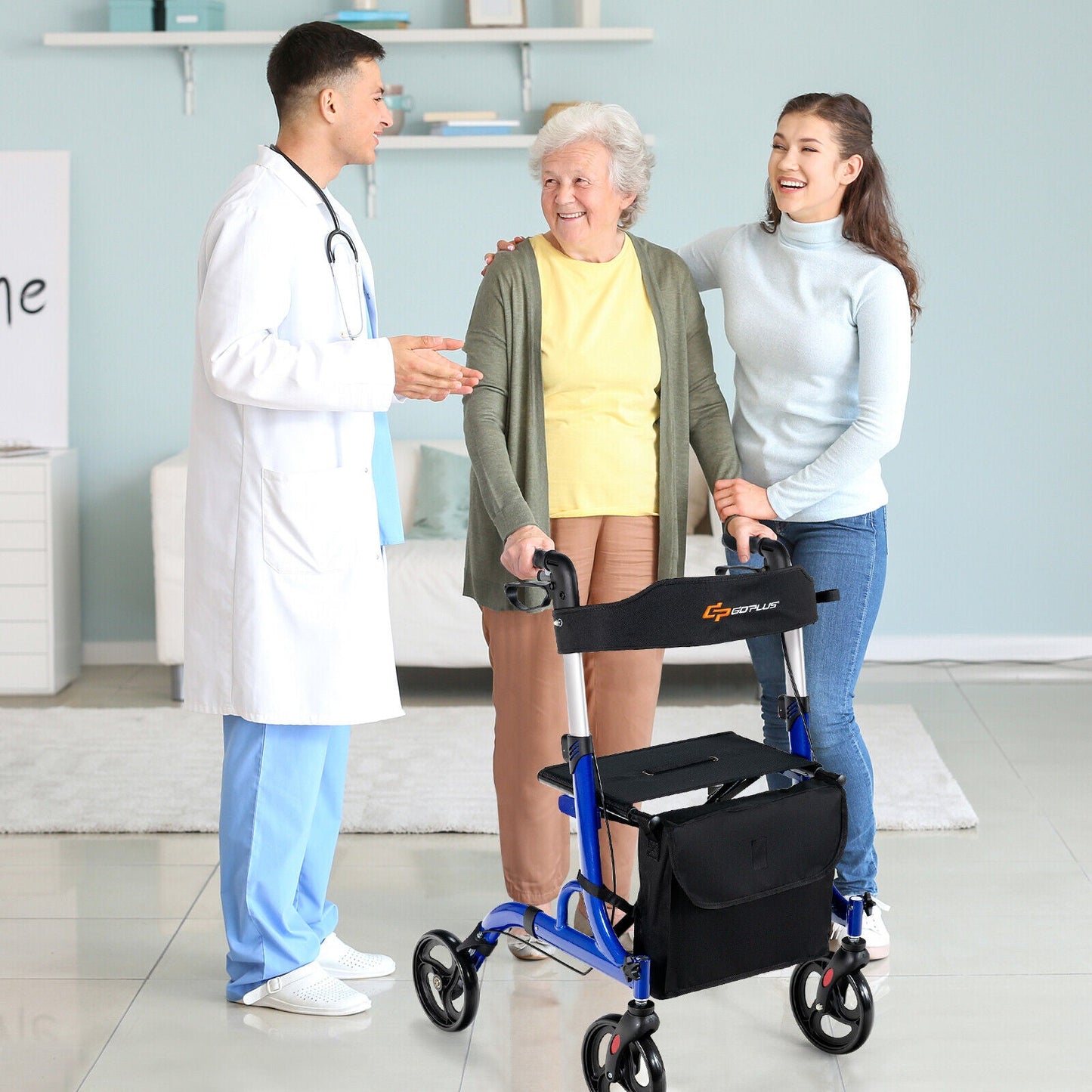 Doctor interacting with an elderly woman using a walker in a medical setting