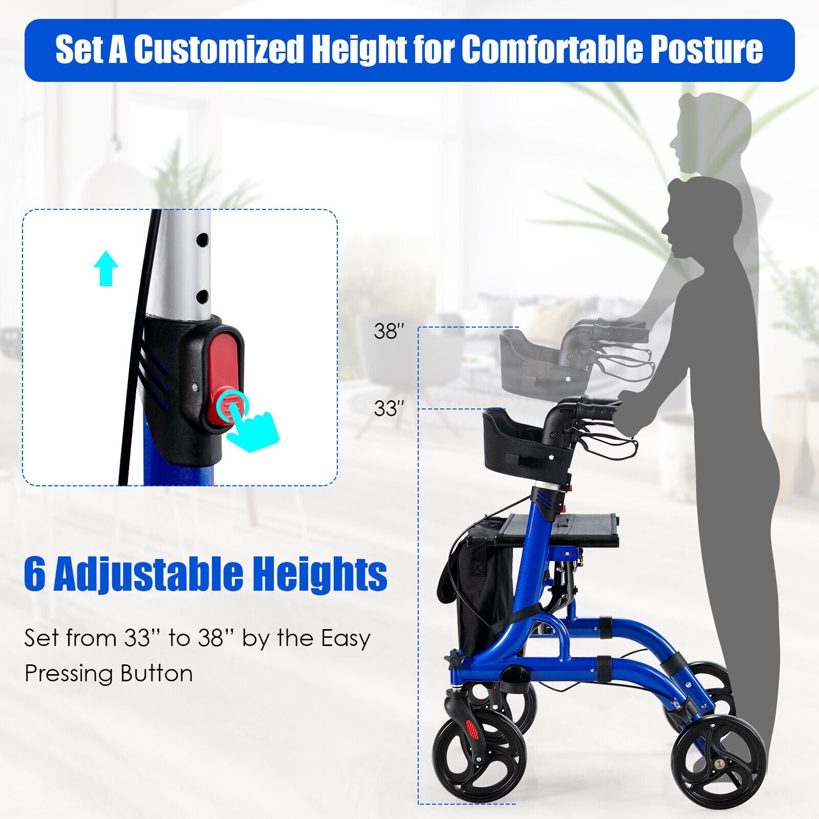 Blue walker with adjustable height feature on a white background