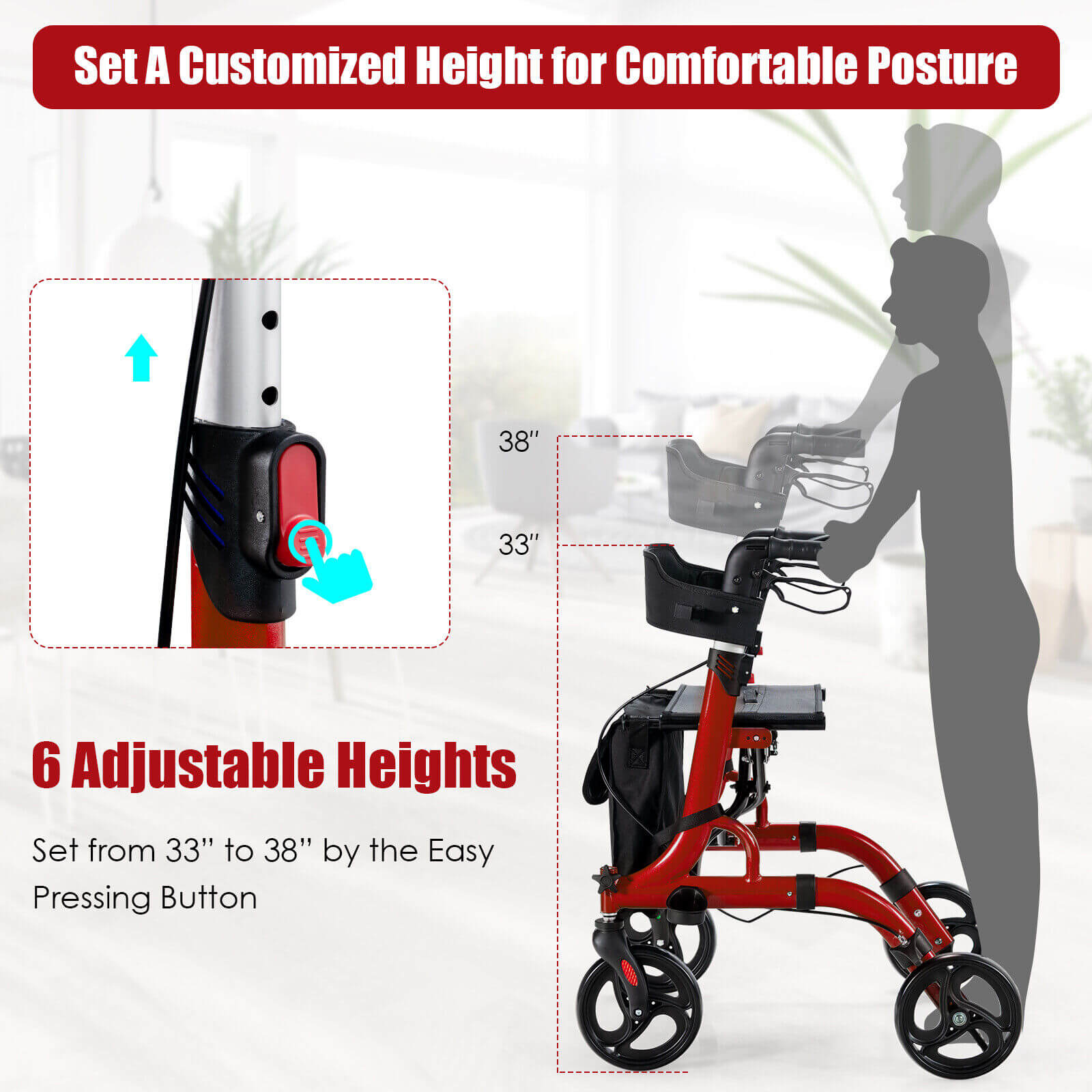 Red walker with adjustable height feature on a white background