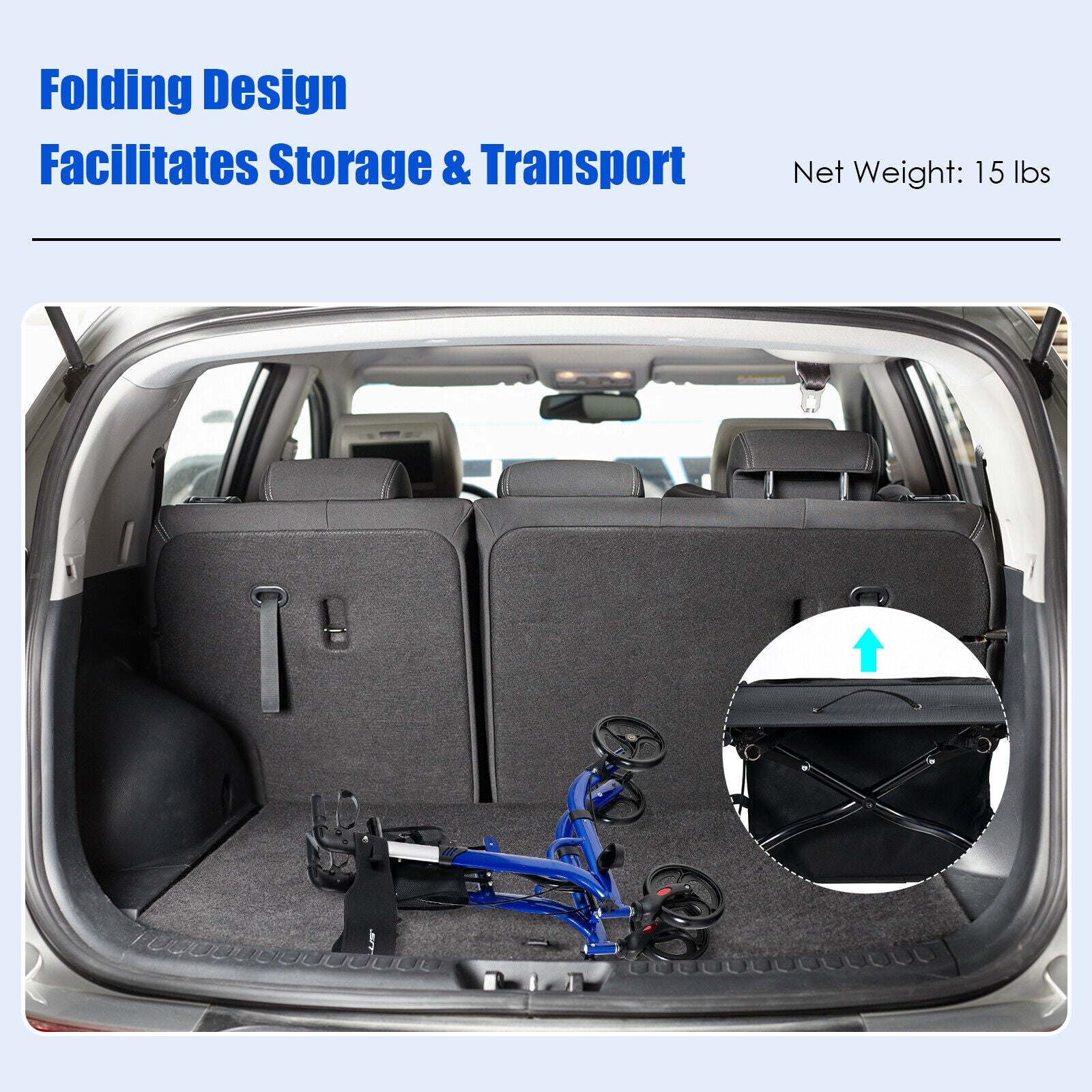 Car trunk with folded product and text highlighting storage and transport features.