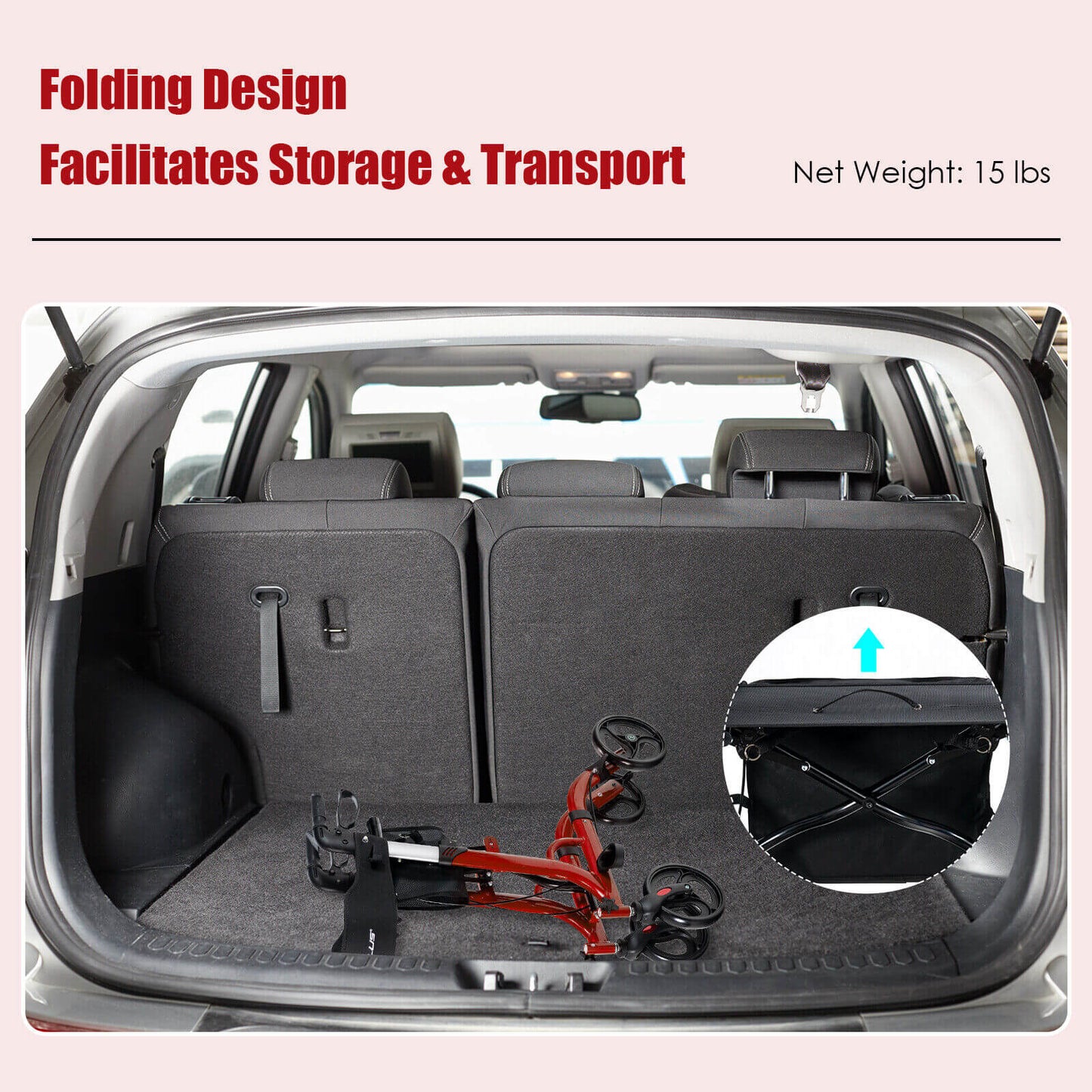 Car trunk with folded cargo cover and tools, text about folding design and storage.