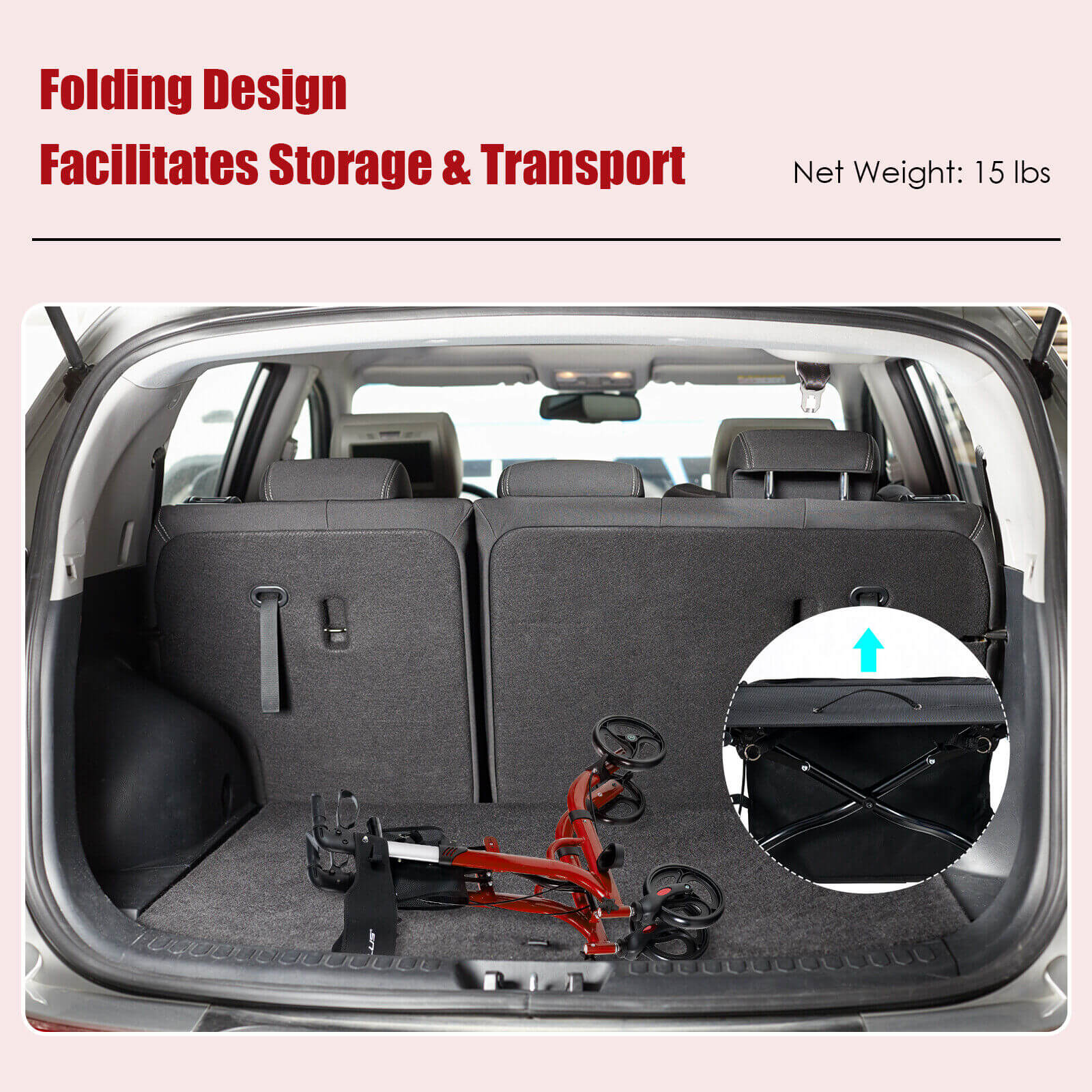 Car trunk with folded cargo cover and tools, text about folding design and storage.