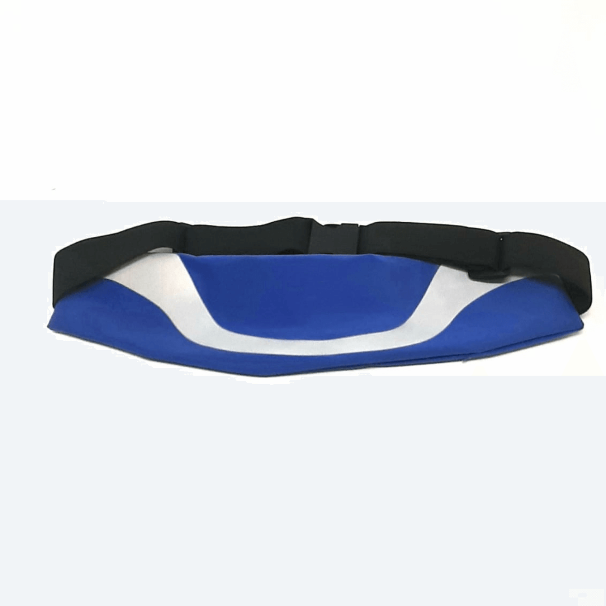 Water-resistant sport waist pack in blue with silver reflective wavy stripe and black straps