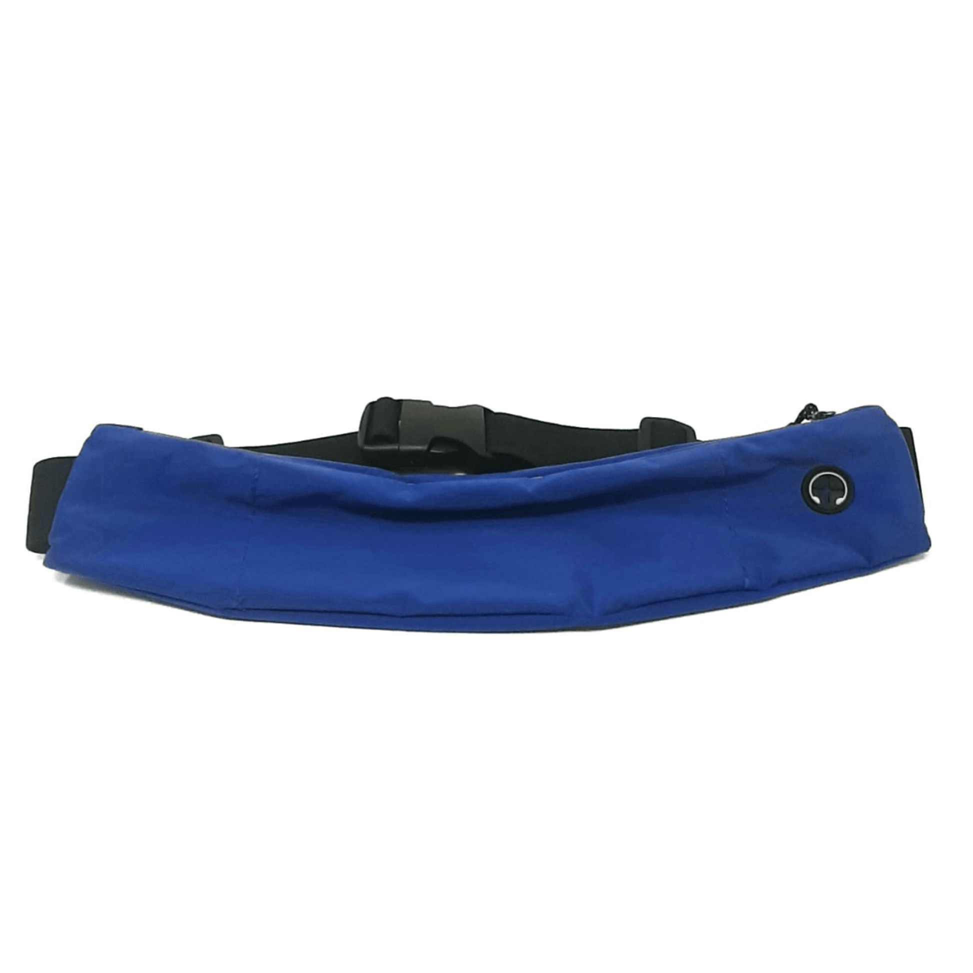 Water-resistant sport waist pack in blue with front pocket and silver reflective wavy strip