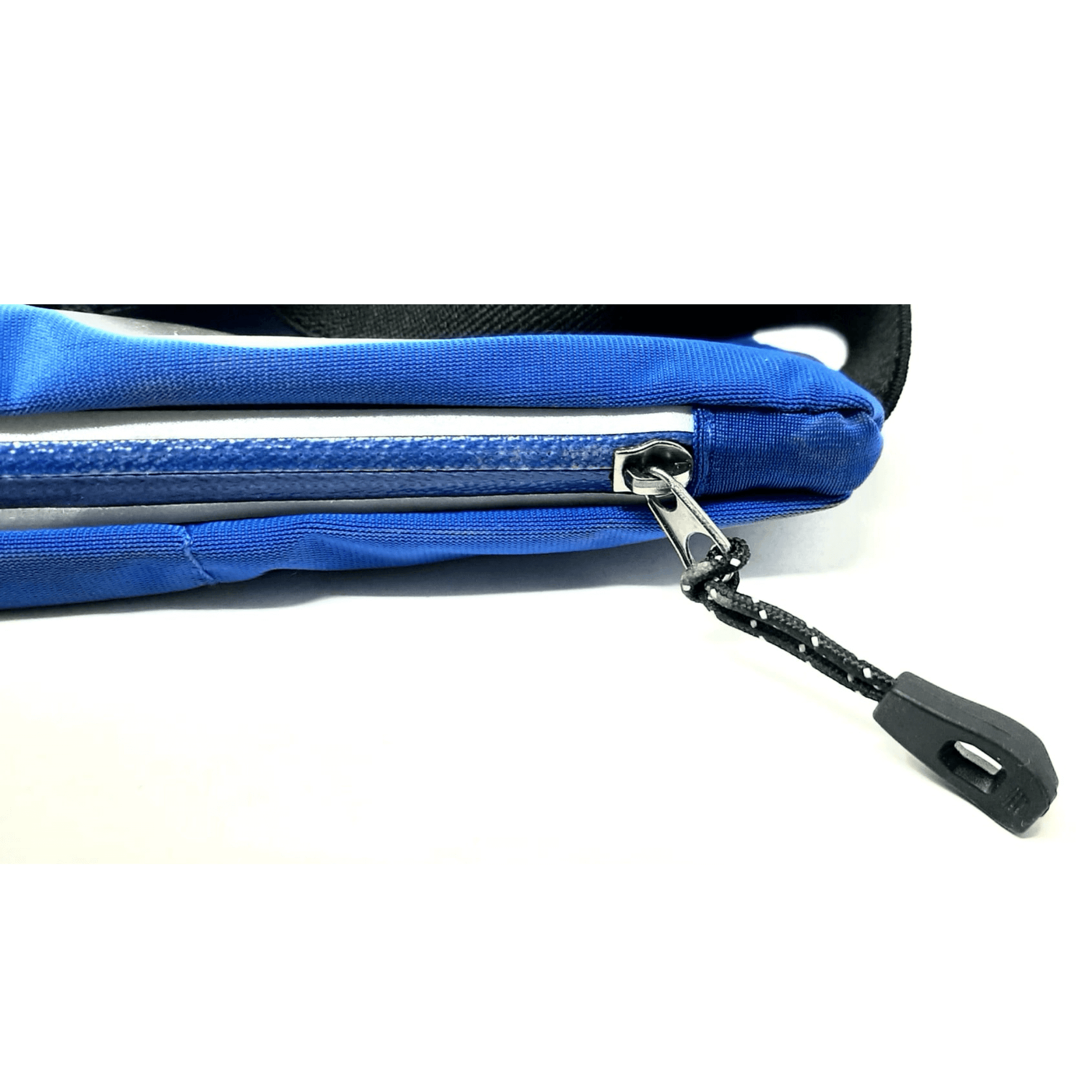 Blue water-resistant waist pack with reflective strip, zipper, and key clip