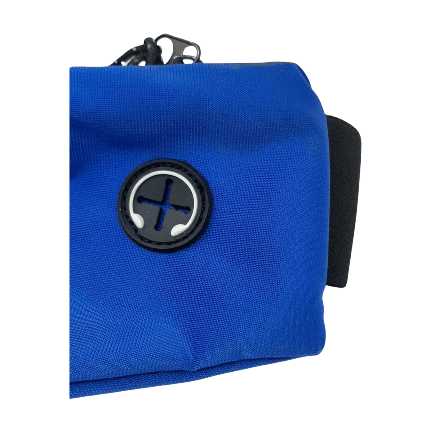 Blue waist pack front with round reflective cross patch and key ring attachments