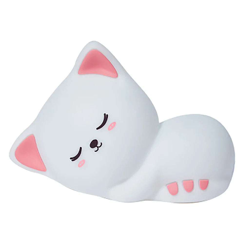 Sleepy kitty night light, white cat with pink ear tips and pink glowing pads