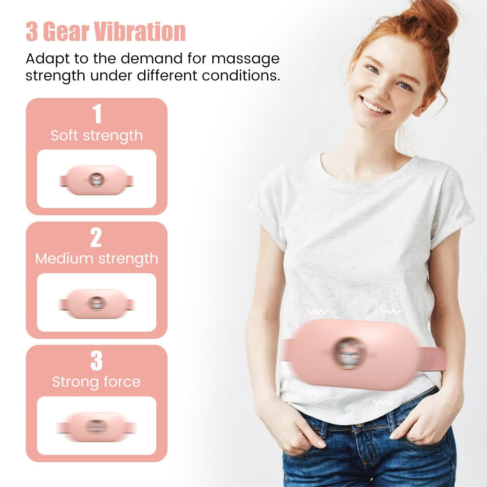 Pink electric heating belt with 3-gear vibration strength levels shown on screen graphics