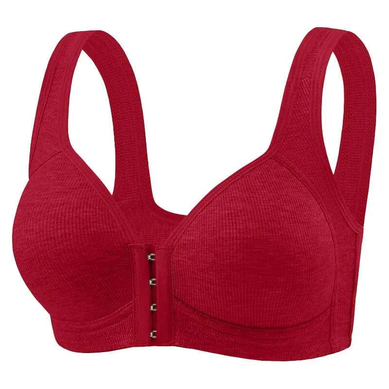 Seamless front-close bra in red, with padded cups and metal front button closure