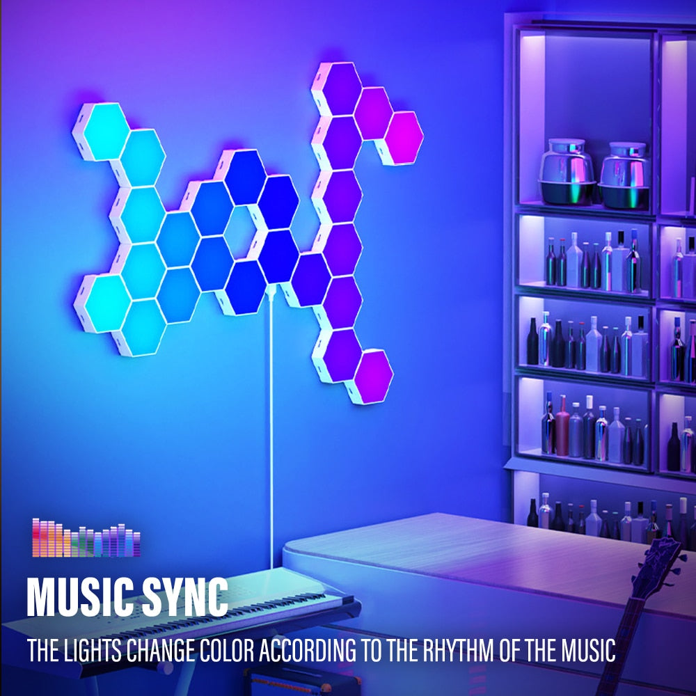 RGB hexagon LED lights shaped into a wall arrow with music-reactive glow