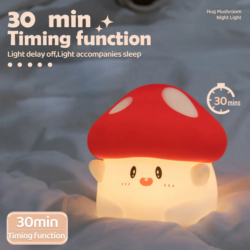 Mushroom night light emitting soft light; red cap and cream face front
