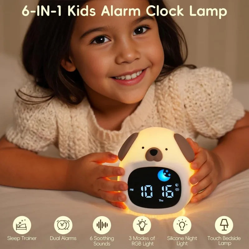 Silicone puppy night light alarm clock with moon icon and digital time display