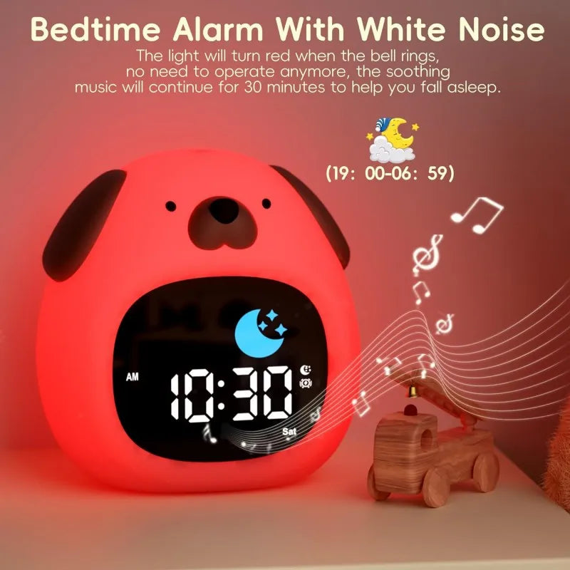 Red silicone puppy night light alarm clock with white digital time and moon icon
