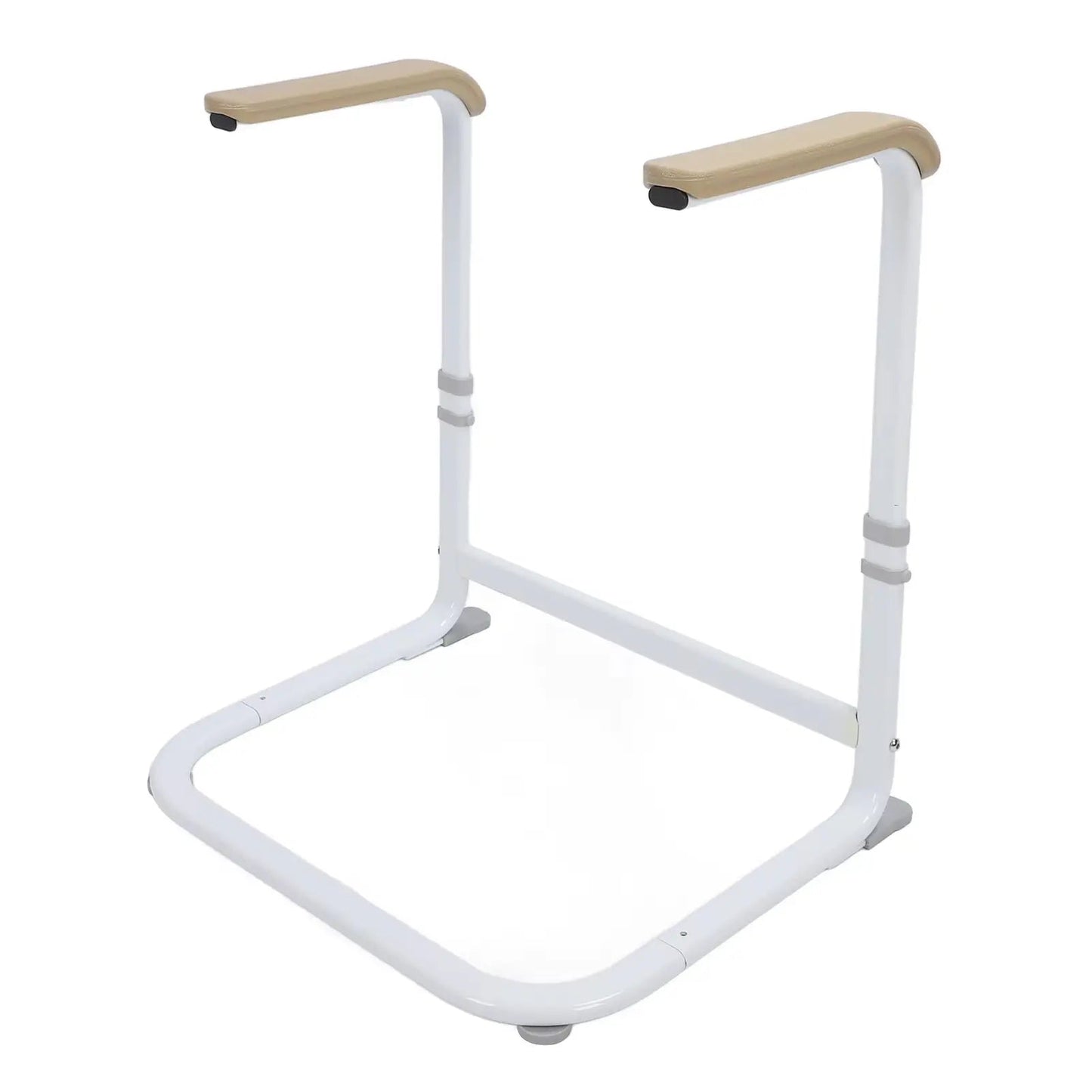 Senior couch standing aid with beige padded handles, white frame, slip-resistant base