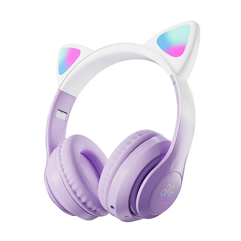 Purple cat-ear gaming headset with multicolor LED ear lights and cushioned ear cups