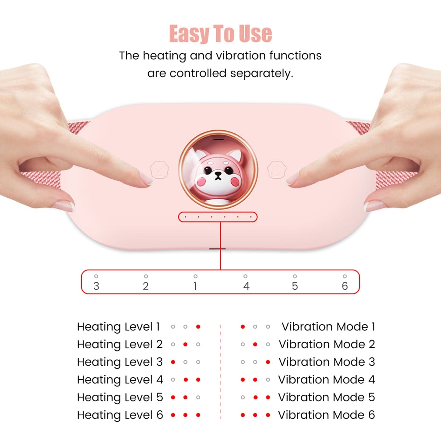 Pink electric heating belt showing separate heating and vibration functions with dial markings