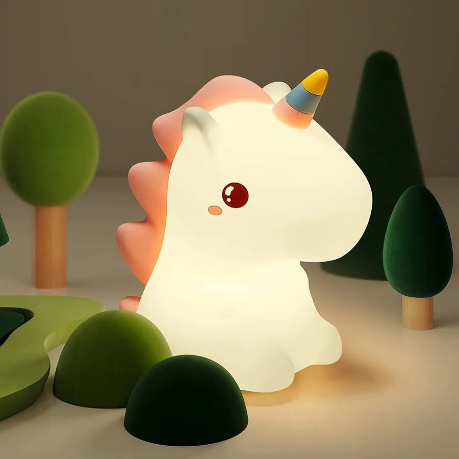 Unicorn LED night light, warm glowing white unicorn with orange mane and yellow horn