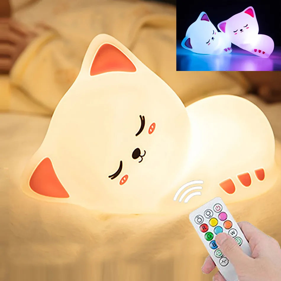 Sleepy kitty night light with white glow and multicolor remote control