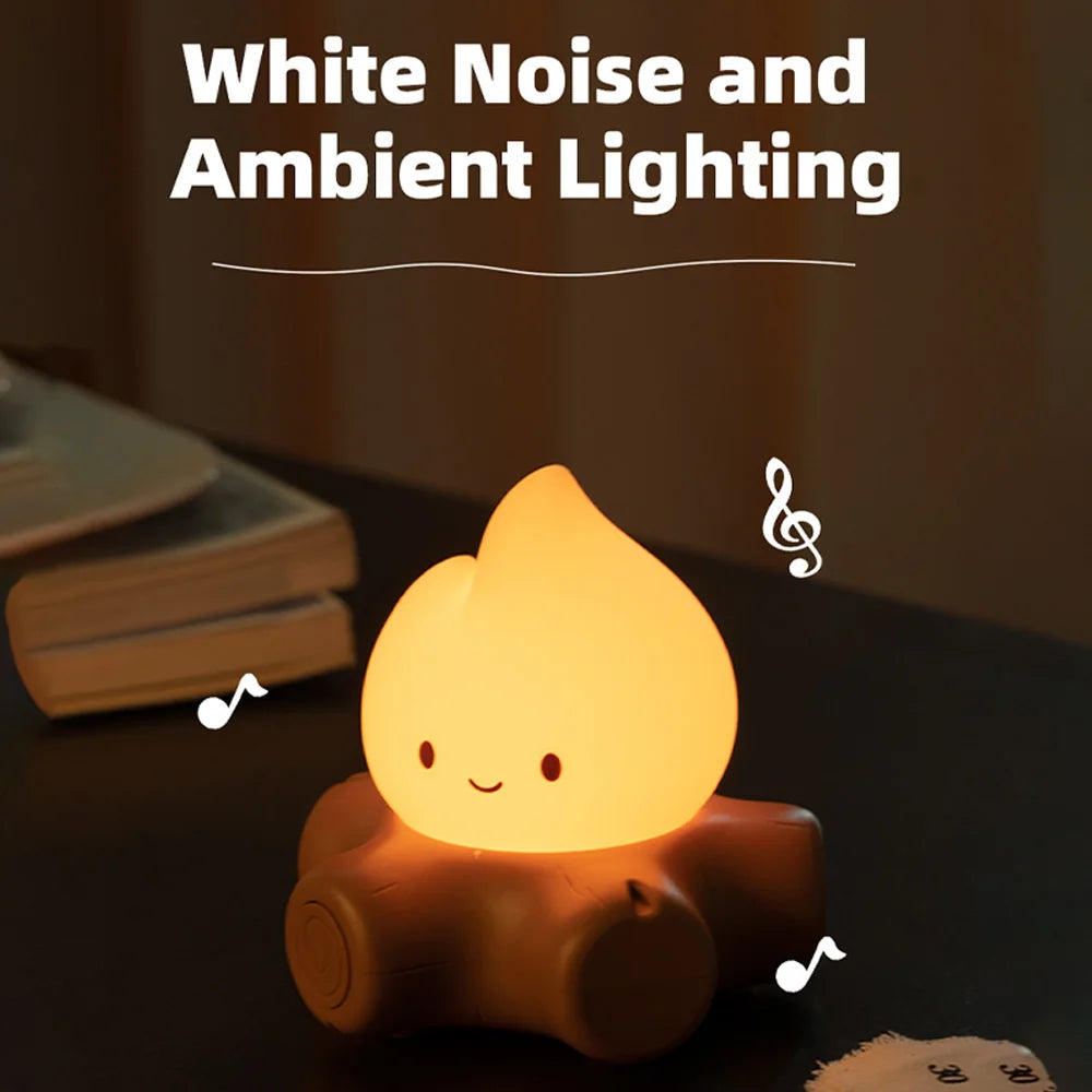Smiling flame night light glowing on brown log base with soft ambient glow