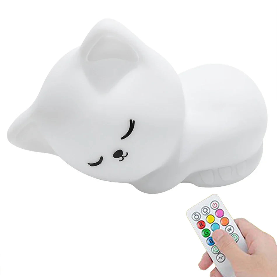 Sleepy kitty night light in white with remote control and soft glow