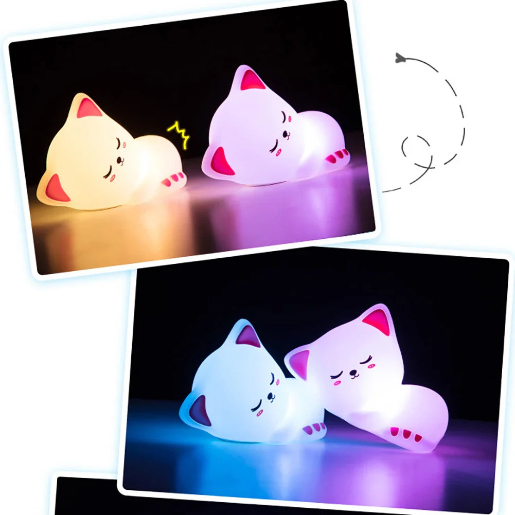 Sleepy kitty night light showing RGB blue and purple glow on two cat faces