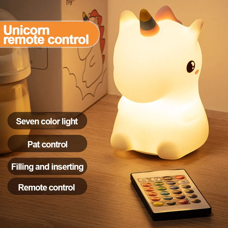 Unicorn LED night light with remote control, warm glow and golden horn