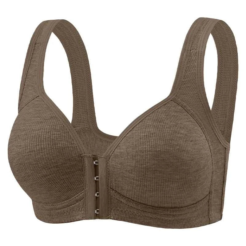 Seamless front-close bra in brown taupe, with padded cups and front button closure