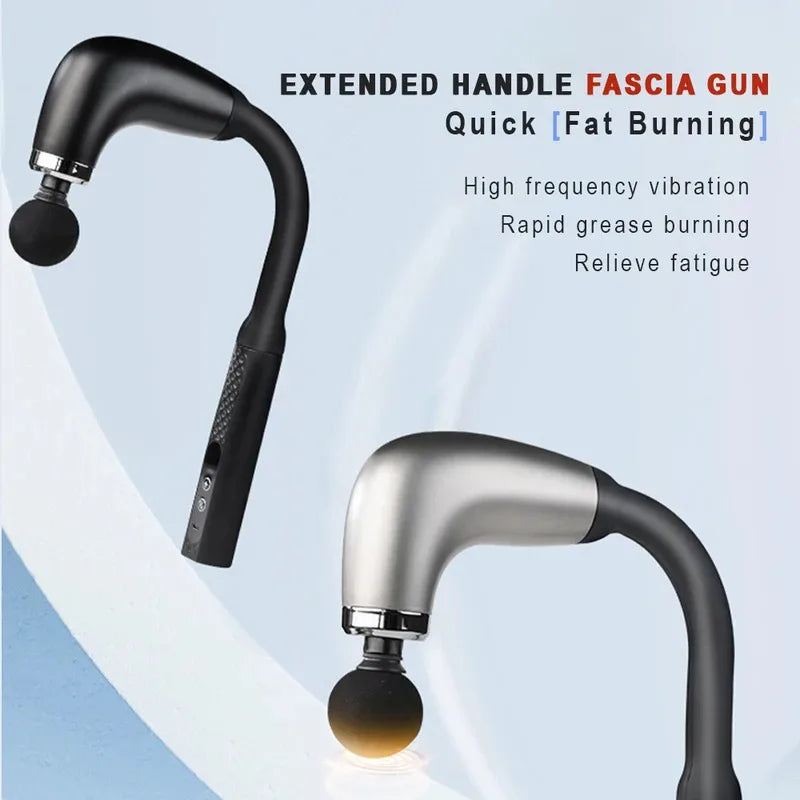 Extended-handle electric fascia massage gun with round attachment, silver accent