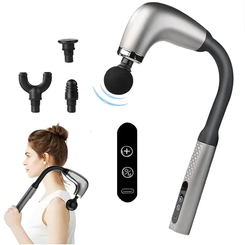 Electric fascia massage gun with round head, silver handle and black grip